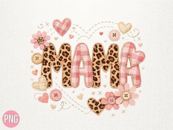 Mama Leopard Plaid Faux Embroidery PNG